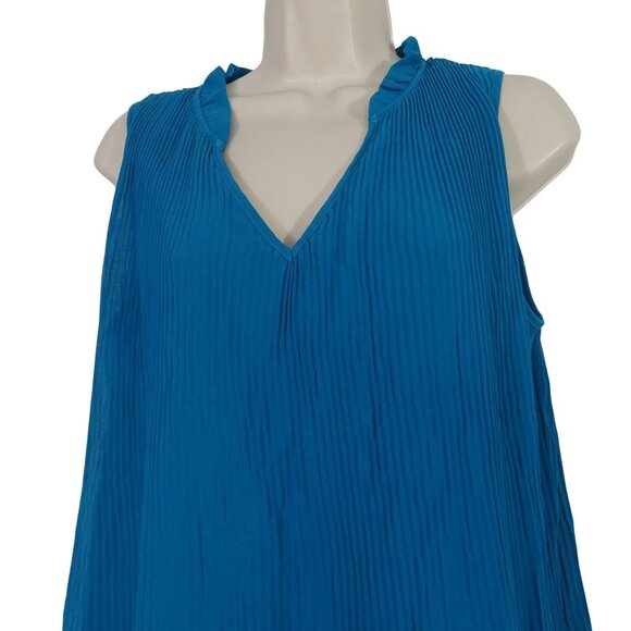Chloe Rene Sleeveless Pleated V-Neck Blue Shift Dress Women Size M Lined Flowing - Picture 2 of 9